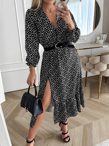 Zaprada mid-length V-neck dress with side slit and ruffles, elegant and casual, perfect for prom.