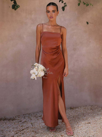 Zaprada bridesmaid dress satin slit slim straps elegant woman evening for wedding champetre