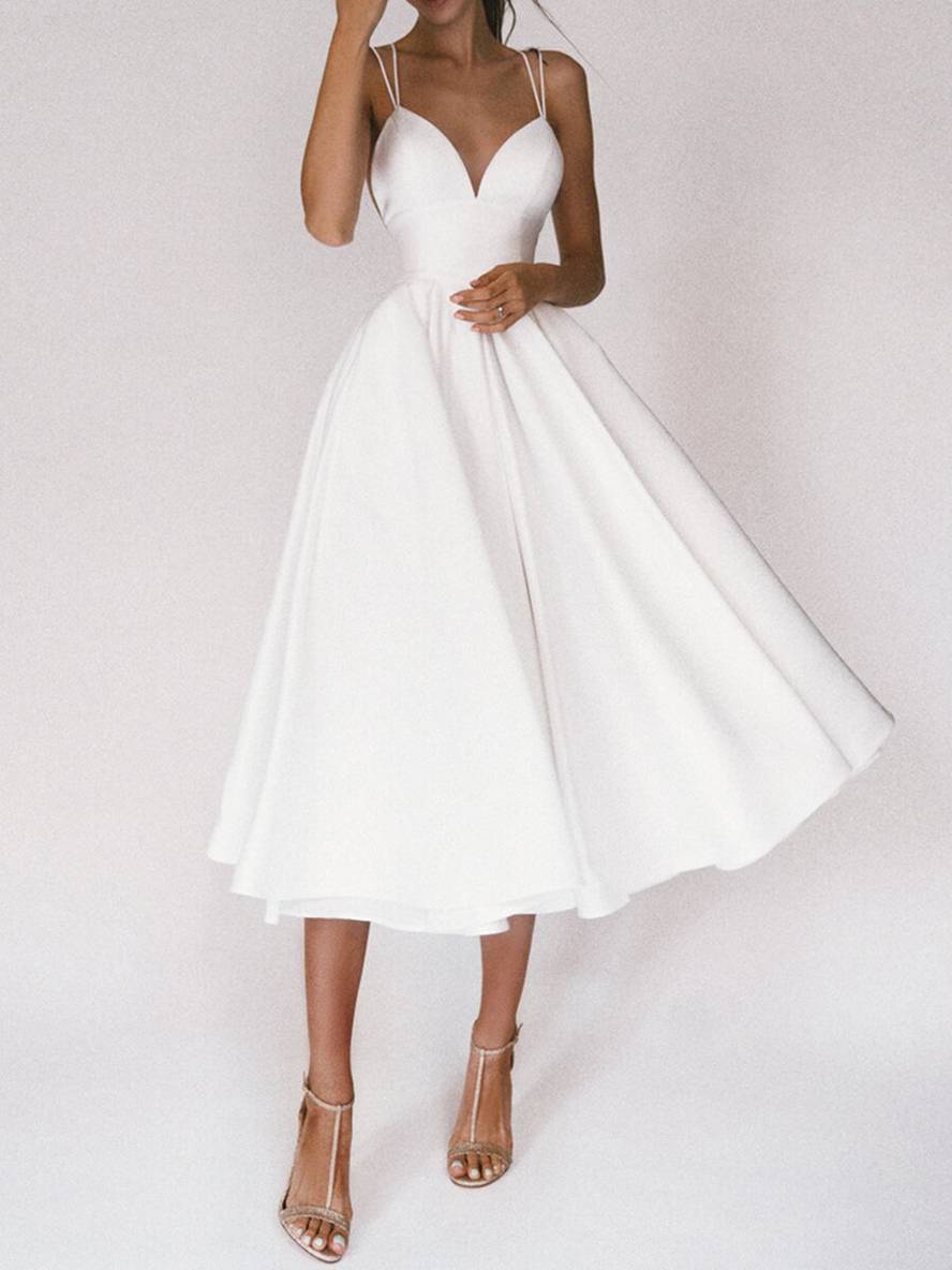 Zaprada mid-length A-line dress with open back, thin straps, and V-neck for women, elegant cocktail dress