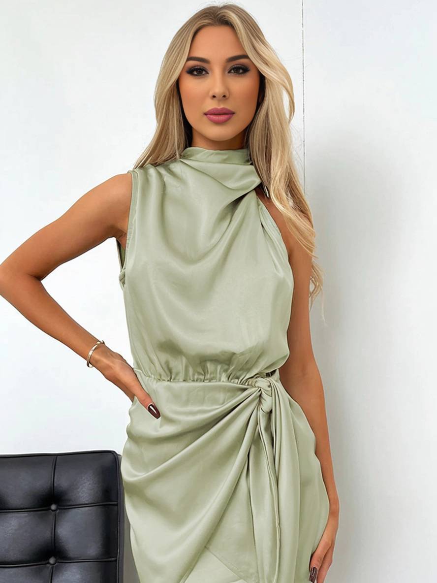 Zaprada short asymmetrical dress with belt, turtleneck, halter neck, sleeveless, elegant, formal, wedding guest, cocktail party
