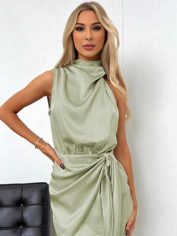 Zaprada short asymmetrical dress with belt, turtleneck, halter neck, sleeveless, elegant, formal, wedding guest, cocktail party