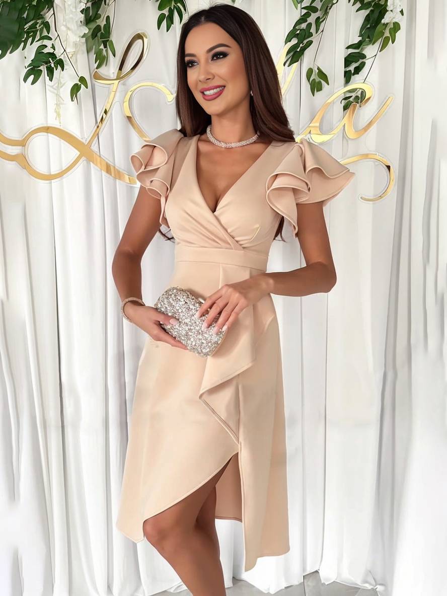 Zaprada short dress with irregular V-neck, short sleeves, layered ruffles, elegant women's fashion, wedding guest attire