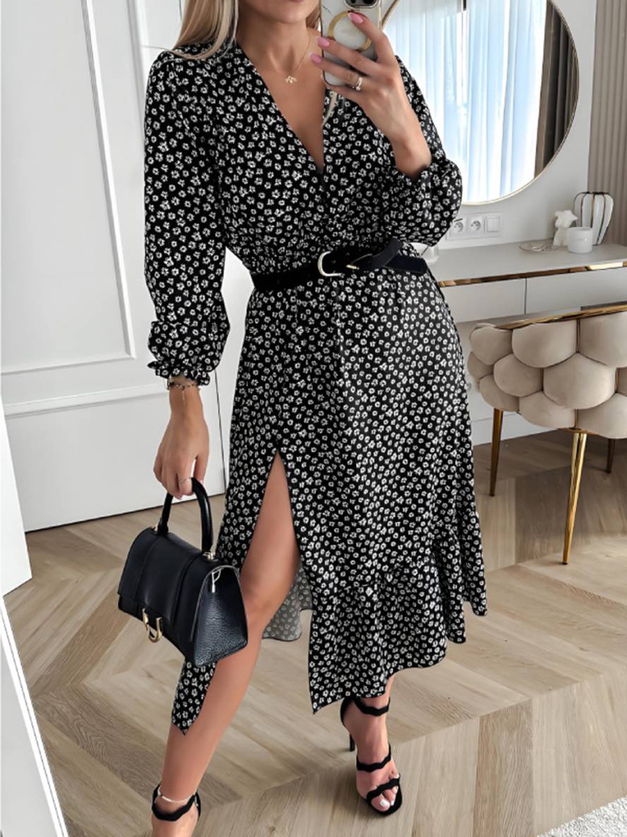 Zaprada mid-length V-neck dress with side slit and ruffles, elegant and casual, perfect for prom.