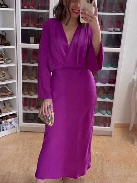 Zaprada long dress with V-neck, buttons, open back, trumpet sleeves, long sleeves, elegant, vintage, prom