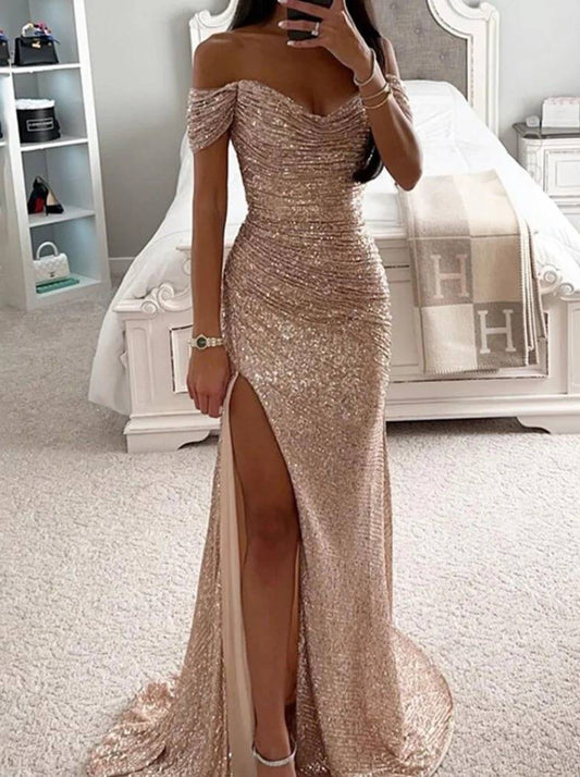 Zaprada long strapless dress with shiny sequins, slit on the side, mermaid neckline, sleeveless, elegant evening dress for women, formal occasions