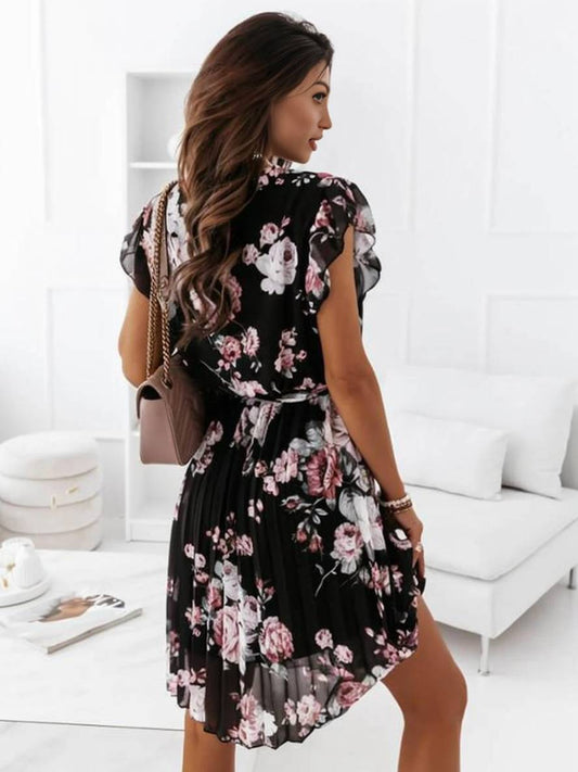 Zaprada mid-length floral V-neck pleated belted short-sleeved bohemian women's beach wedding guest dress
