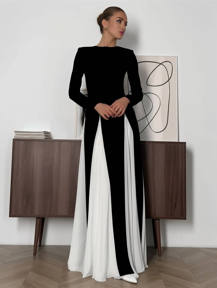 Zaprada long white and black dress with block color, round neckline, long sleeves, elegant and casual for evening wear.