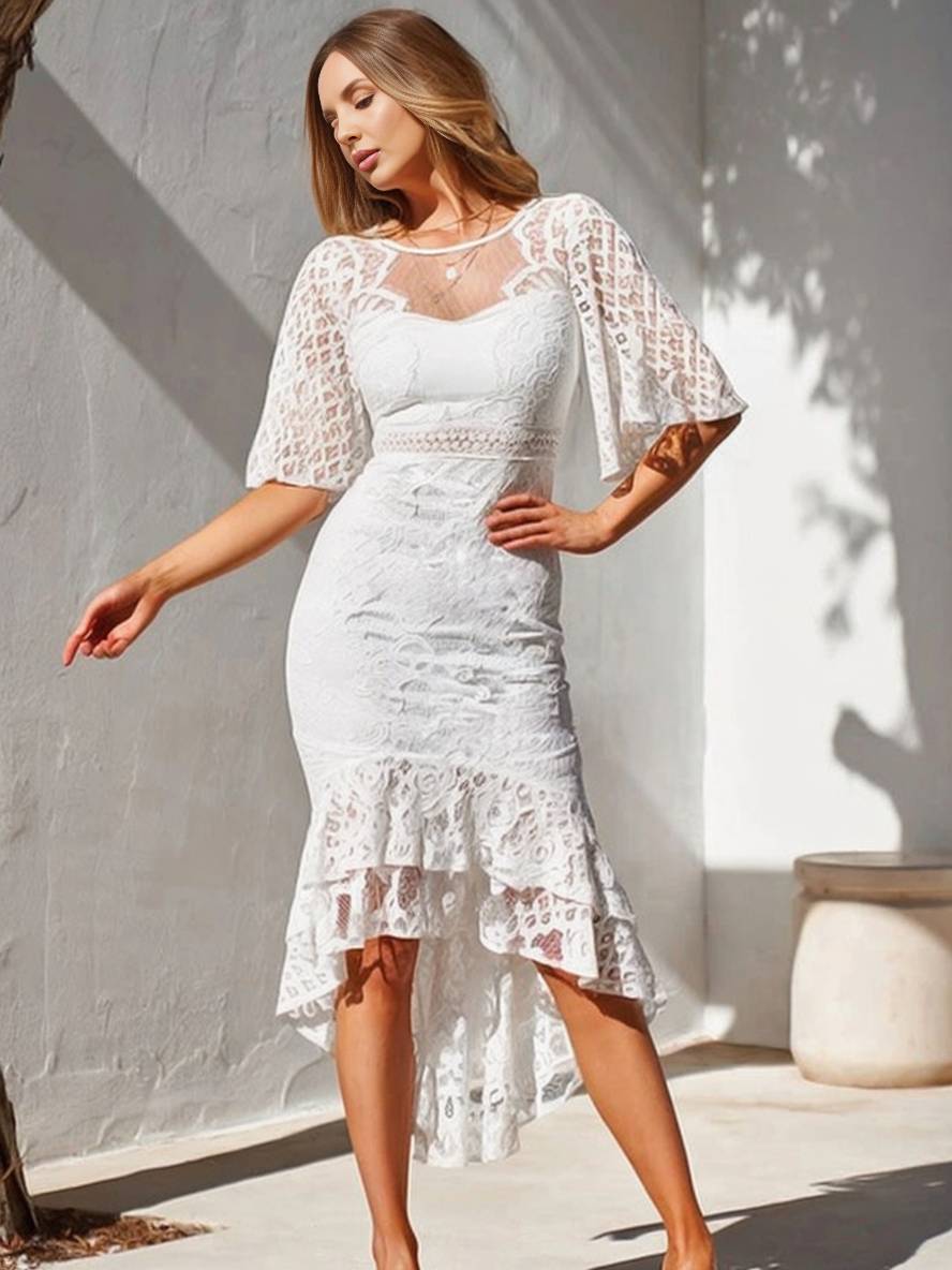 Zaprada long lace swallowtail mermaid dress with round neckline, trumpet sleeves, and short sleeves for women, elegant wedding guest attire