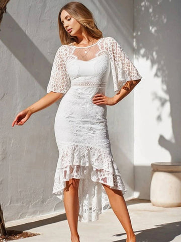 Zaprada long lace swallowtail mermaid dress with round neckline, trumpet sleeves, and short sleeves for women, elegant wedding guest attire