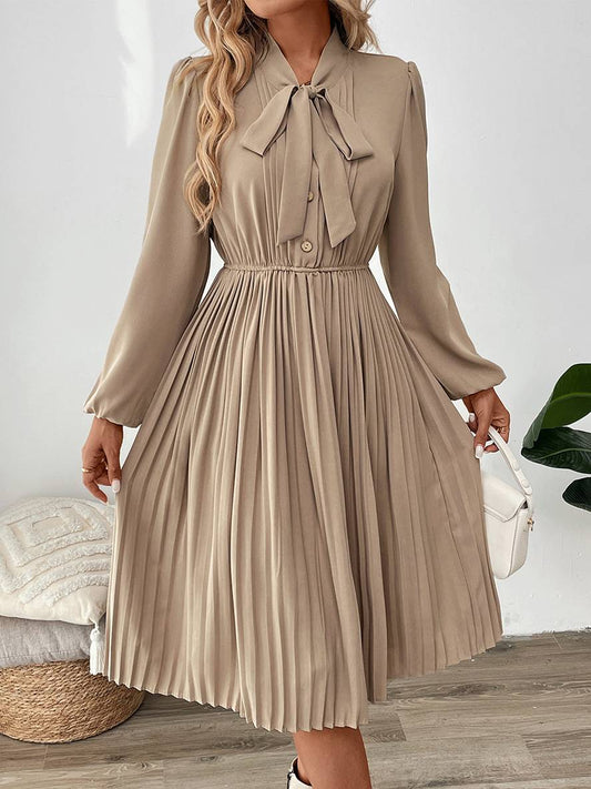 Zaprada mid-length pleated dress with bow tie, button-up lavallière collar, long sleeves, elegant casual prom dress for women