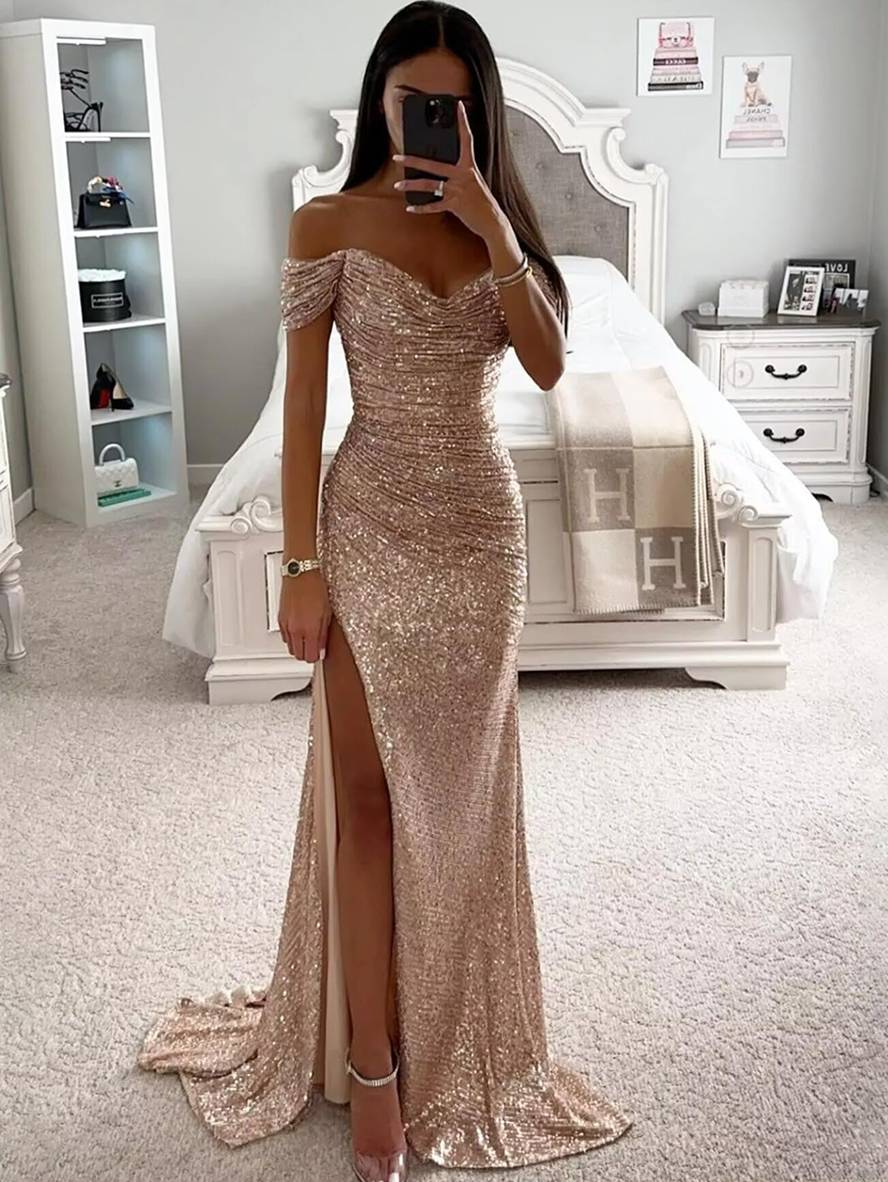 Zaprada long strapless dress with shiny sequins, slit on the side, mermaid neckline, sleeveless, elegant evening dress for women, formal occasions