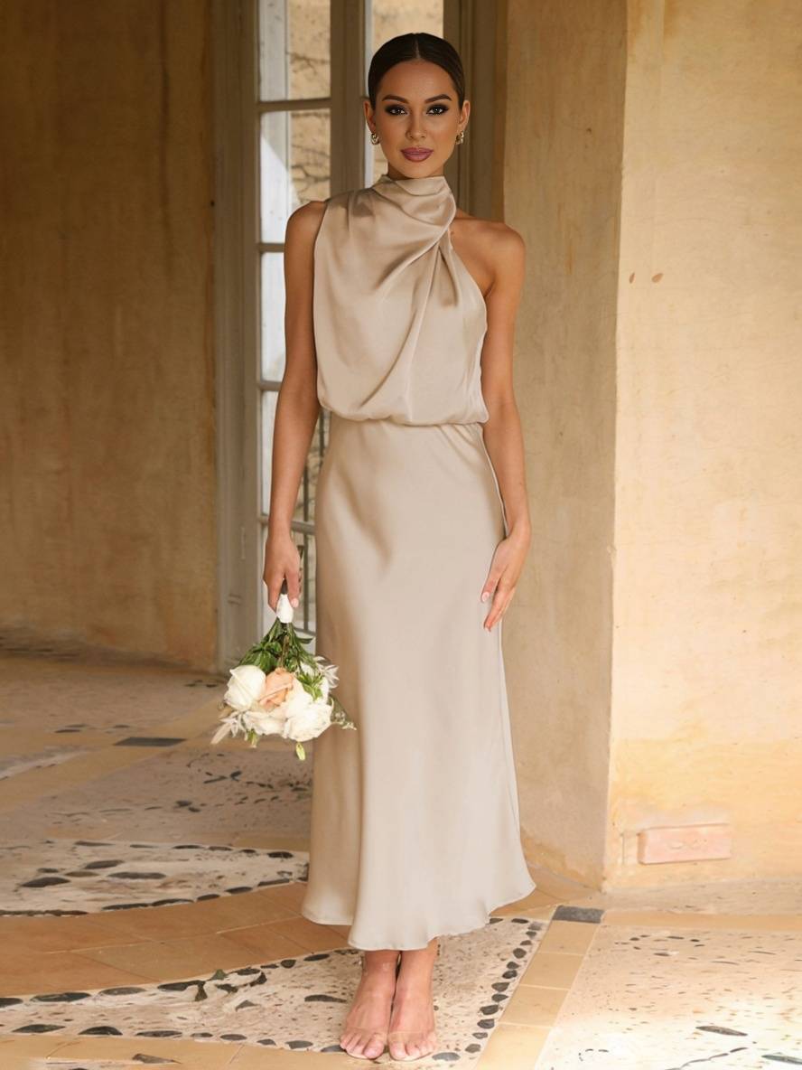 Zaprada long sleeveless irregular satin halter neck bridesmaid dress for elegant evening weddings