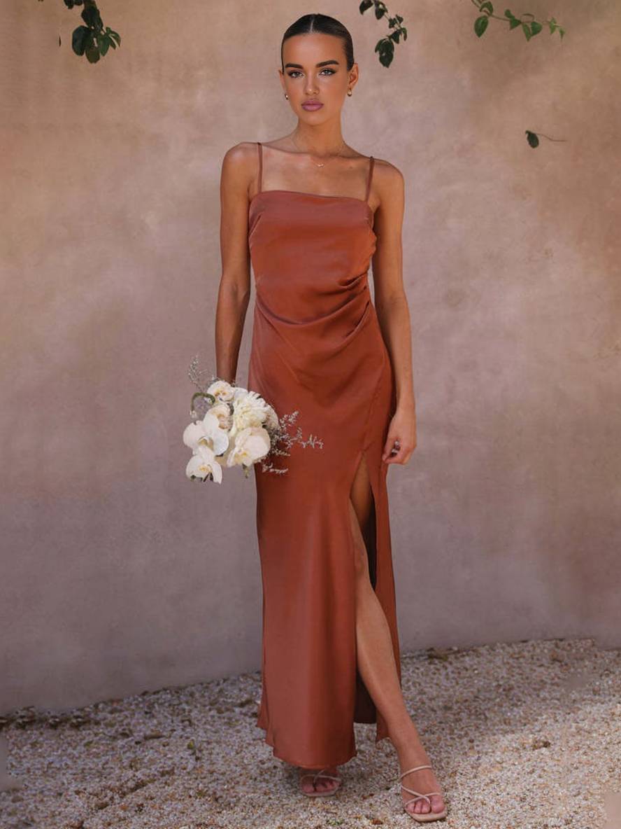Zaprada bridesmaid dress satin slit slim straps elegant woman evening for wedding champetre
