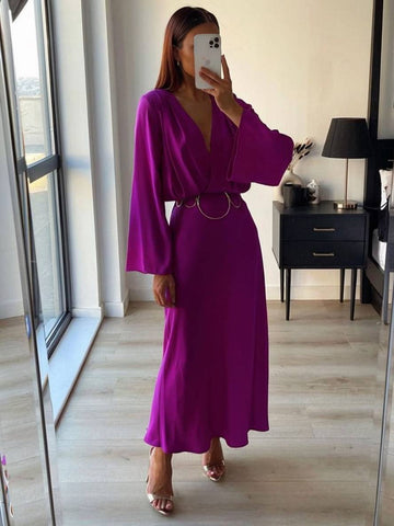 Zaprada long dress with V-neck, buttons, open back, trumpet sleeves, long sleeves, elegant, vintage, prom