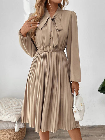 Zaprada mid-length pleated dress with bow tie, button-up lavallière collar, long sleeves, elegant casual prom dress for women
