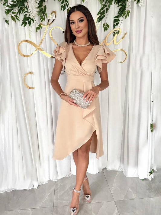 Zaprada short dress with irregular V-neck, short sleeves, layered ruffles, elegant women's fashion, wedding guest attire