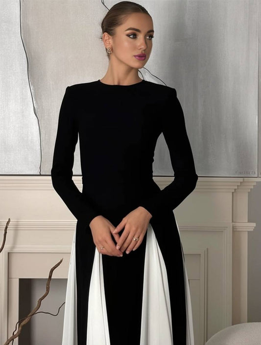 Zaprada long white and black dress with block color, round neckline, long sleeves, elegant and casual for evening wear.