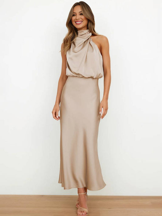 Zaprada long sleeveless irregular satin halter neck bridesmaid dress for elegant evening weddings